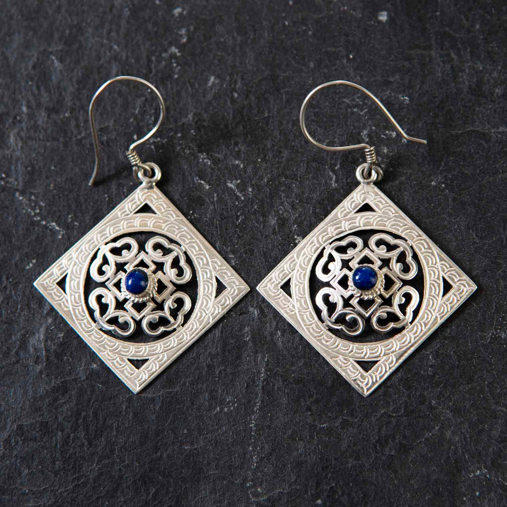 Square Mandala Silver Earrings-Earrings-Siesta Crafts