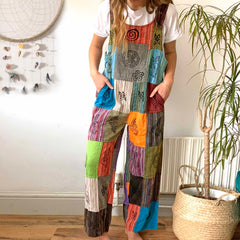 Patch Stonewash Block Print Dungarees-Dungarees & Jumpsuits-Siesta Crafts