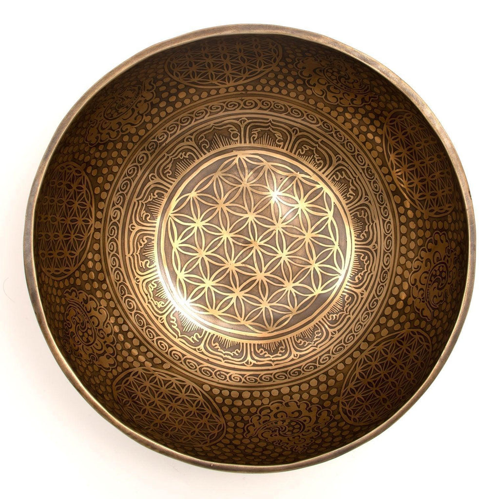 Flower of Life and Conch Etched Singing Bowl No.17-Singing Bowls-Siesta Crafts