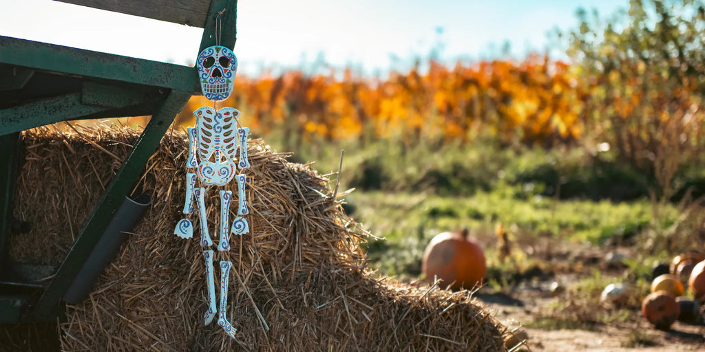 Decorative skeleton on a hay bale with pumpkins and a field in the background