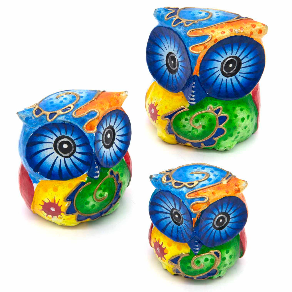 Psychedelic Trio of Owls Woodcarving-Ornaments & Figurines-Siesta Crafts