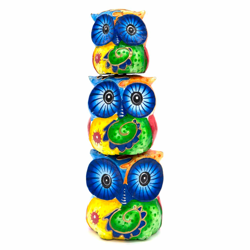 Psychedelic Trio of Owls Woodcarving-Ornaments & Figurines-Siesta Crafts