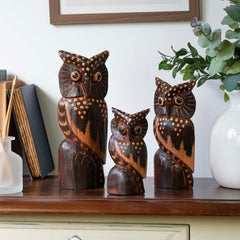 Set of Three Owls on a Branch - Brown-Ornaments & Figurines-Siesta Crafts