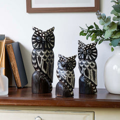 Set of Three Owls on a Branch - White-Ornaments & Figurines-Siesta Crafts
