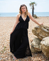 Ultra Wide Leg Crinkle Trousers Plain-Trousers-Siesta Crafts