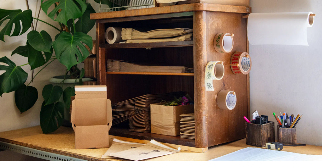 Wooden desk with office supplies and a plant in a home office setting