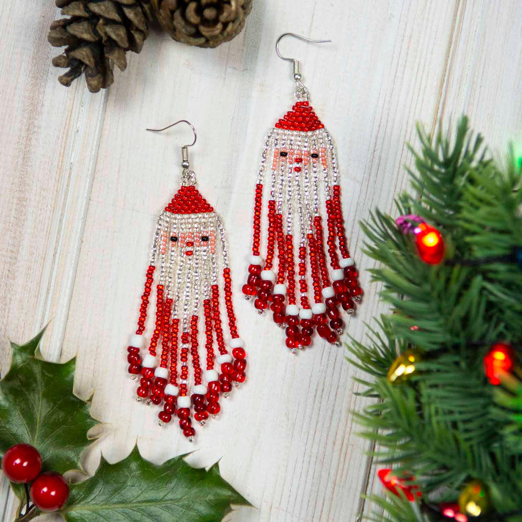 Glass Bead Santa Tassel Earrings Large-Earrings-Siesta Crafts