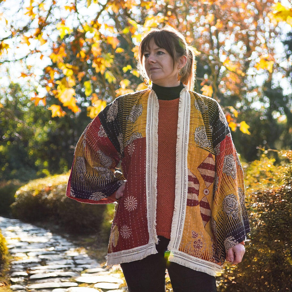 Kantha Fringed Jacket-Coats, Jackets & Ponchos-Siesta Crafts