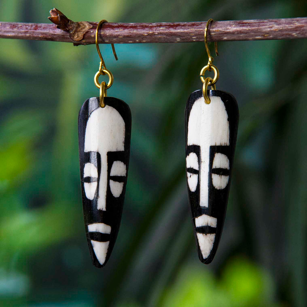 African Mask Batik Bone Earrings-Earrings-Siesta Crafts