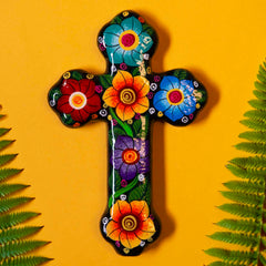 Mexican Painted Ornate Flower Cross-Christianity-Siesta Crafts