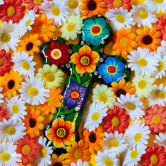 Mexican Painted Ornate Flower Cross-Christianity-Siesta Crafts