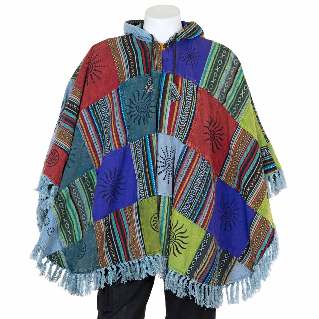 Patch Fringed Poncho Cape-Coats, Jackets & Ponchos-Siesta Crafts