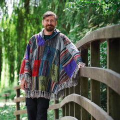 Patch Fringed Poncho Cape-Coats, Jackets & Ponchos-Siesta Crafts