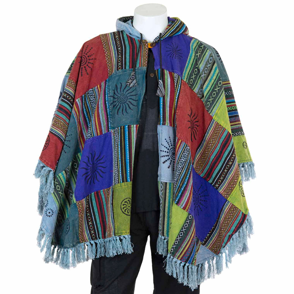 Patch Fringed Poncho Cape-Coats, Jackets & Ponchos-Siesta Crafts