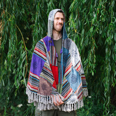Patch Fringed Poncho Cape-Coats, Jackets & Ponchos-Siesta Crafts