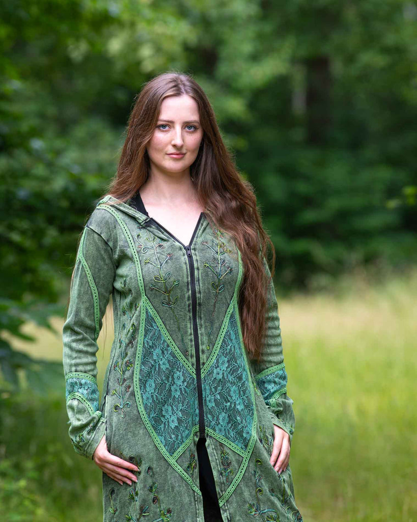 Aari Lace Embroidered Coat with Pixie Hood-Coats, Jackets & Ponchos-Siesta Crafts