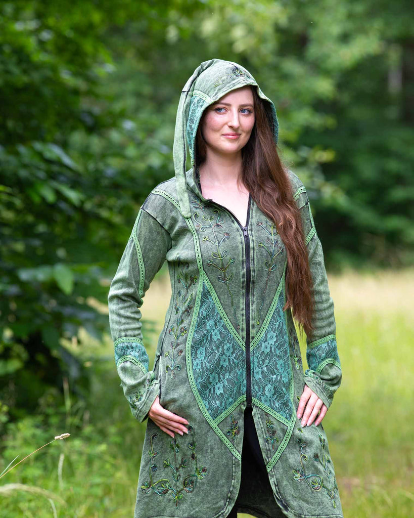 Aari Lace Embroidered Coat with Pixie Hood-Coats, Jackets & Ponchos-Siesta Crafts