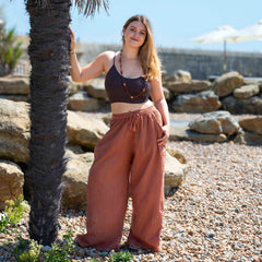Embroidered Light Cotton Wide-Leg Trousers-Trousers-Siesta Crafts