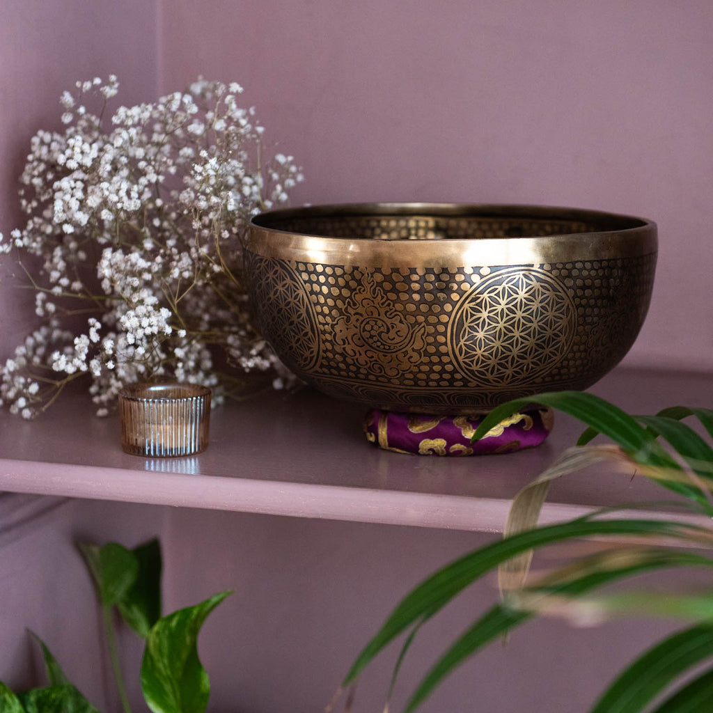 Flower of Life and Conch Etched Singing Bowl No.17-Singing Bowls-Siesta Crafts