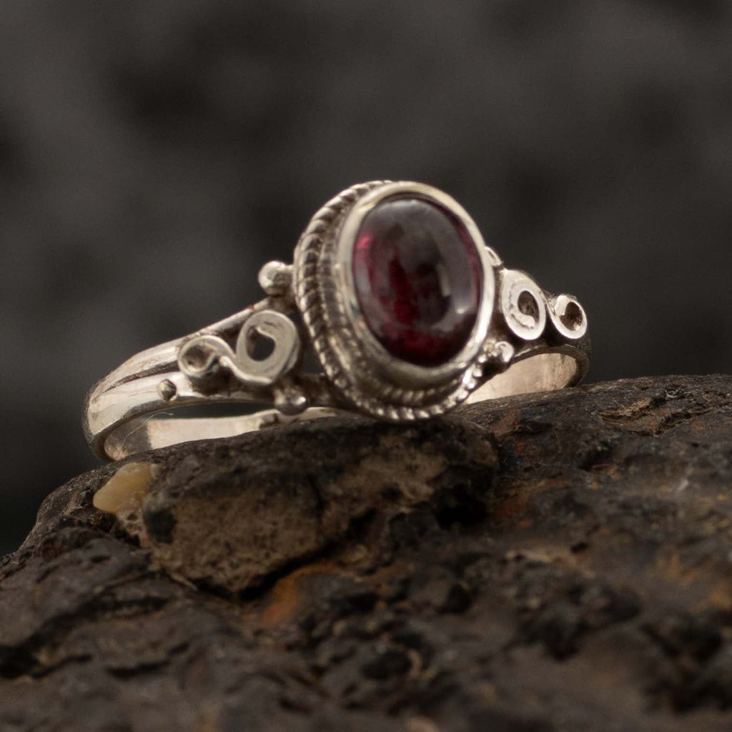 Garnet Spirals Nepalese Silver Ring-Rings-Siesta Crafts
