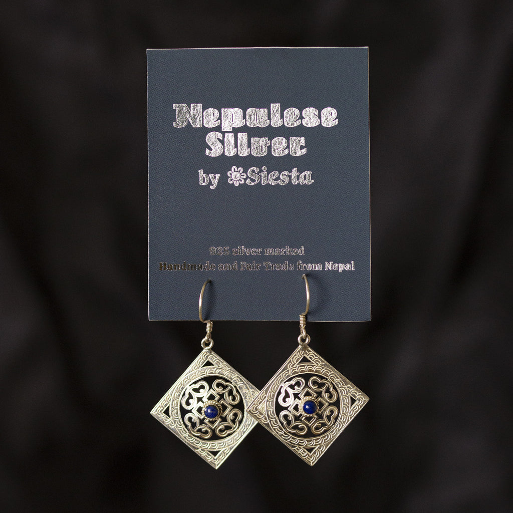 Square Mandala Silver Earrings-Earrings-Siesta Crafts