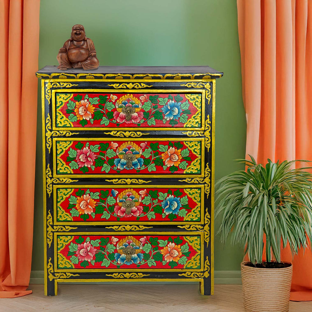 Tibetan Style Four Drawer Wooden Chest of Drawers No.439-Furniture-Siesta Crafts