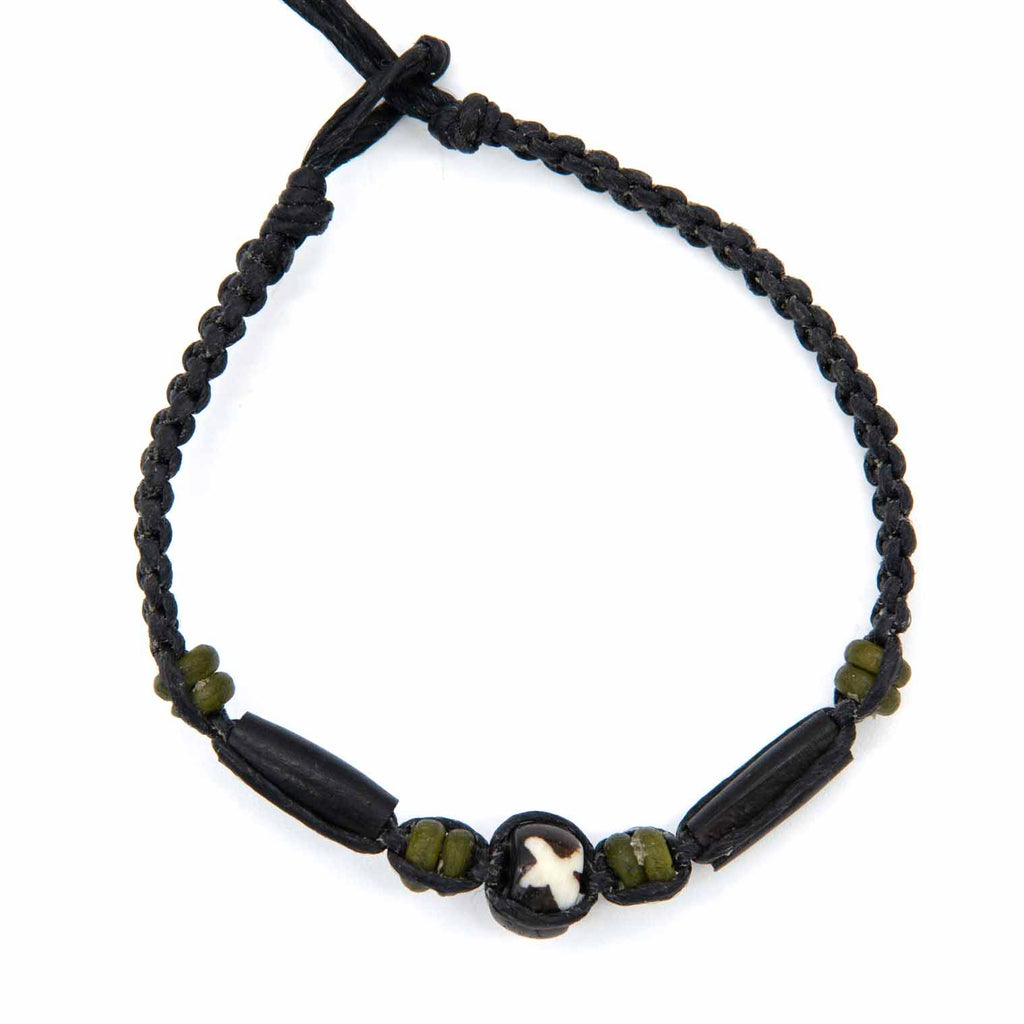 Knotted Cotton and Bone Bead Bracelet - X Black-Bracelets & Wristbands-Siesta Crafts