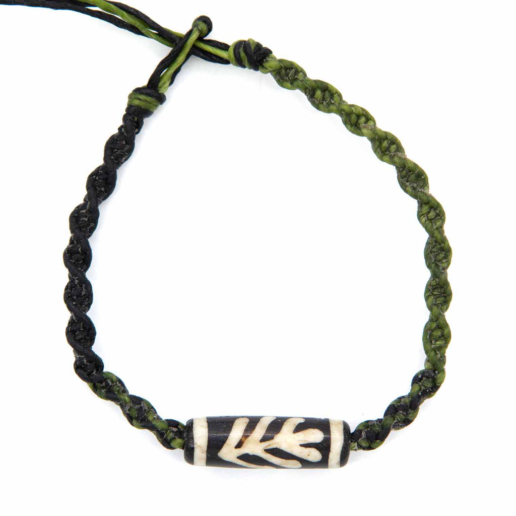 Knotted Cotton and Bone Bead Bracelet - Kelp Green-Bracelets & Wristbands-Siesta Crafts