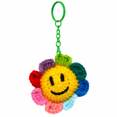 Smiley Face Rainbow Daisy Crochet Keyring-Keyrings & Bag Charms-Siesta Crafts