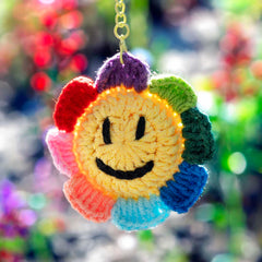 Smiley Face Rainbow Daisy Crochet Keyring-Keyrings & Bag Charms-Siesta Crafts