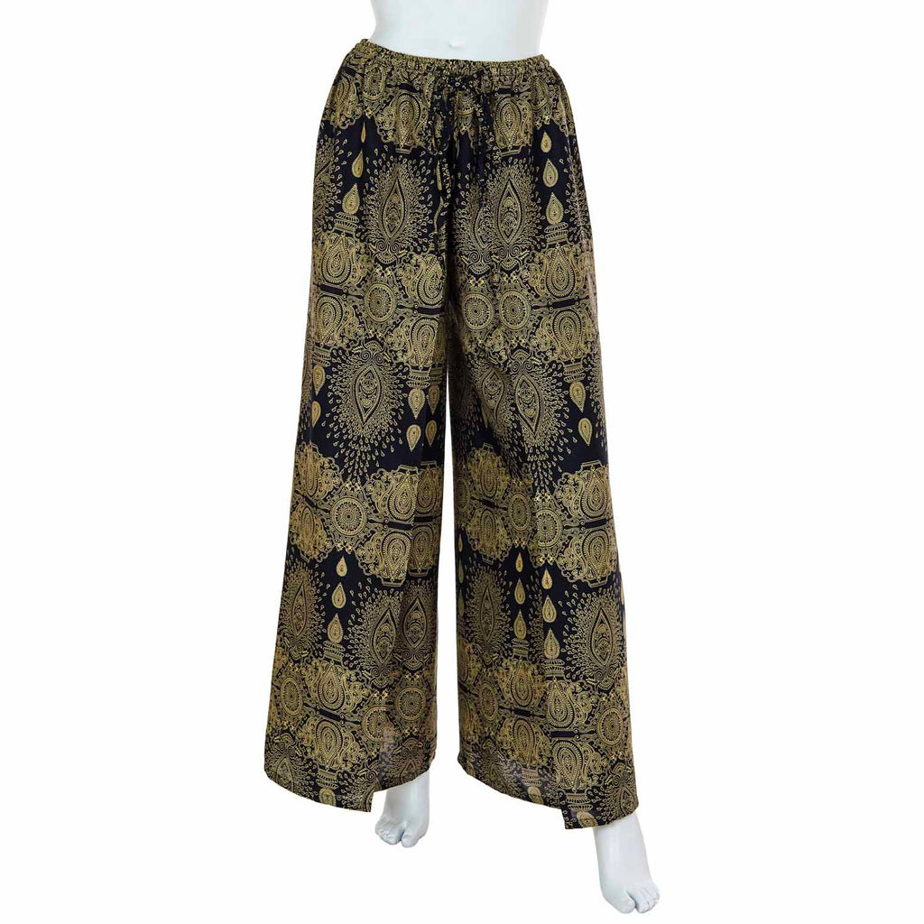 Faux Wrap Wide Leg Trousers - Black Marquise Mandala-Trousers-Siesta Crafts