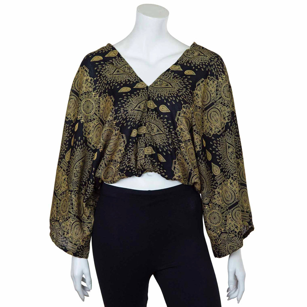 Relaxed Fit V-Neck Top - Black Marquise Mandala-Tops-Siesta Crafts