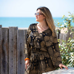 Relaxed Fit V-Neck Top - Black Marquise Mandala-Tops-Siesta Crafts
