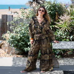 Faux Wrap Wide Leg Trousers - Black Marquise Mandala-Trousers-Siesta Crafts