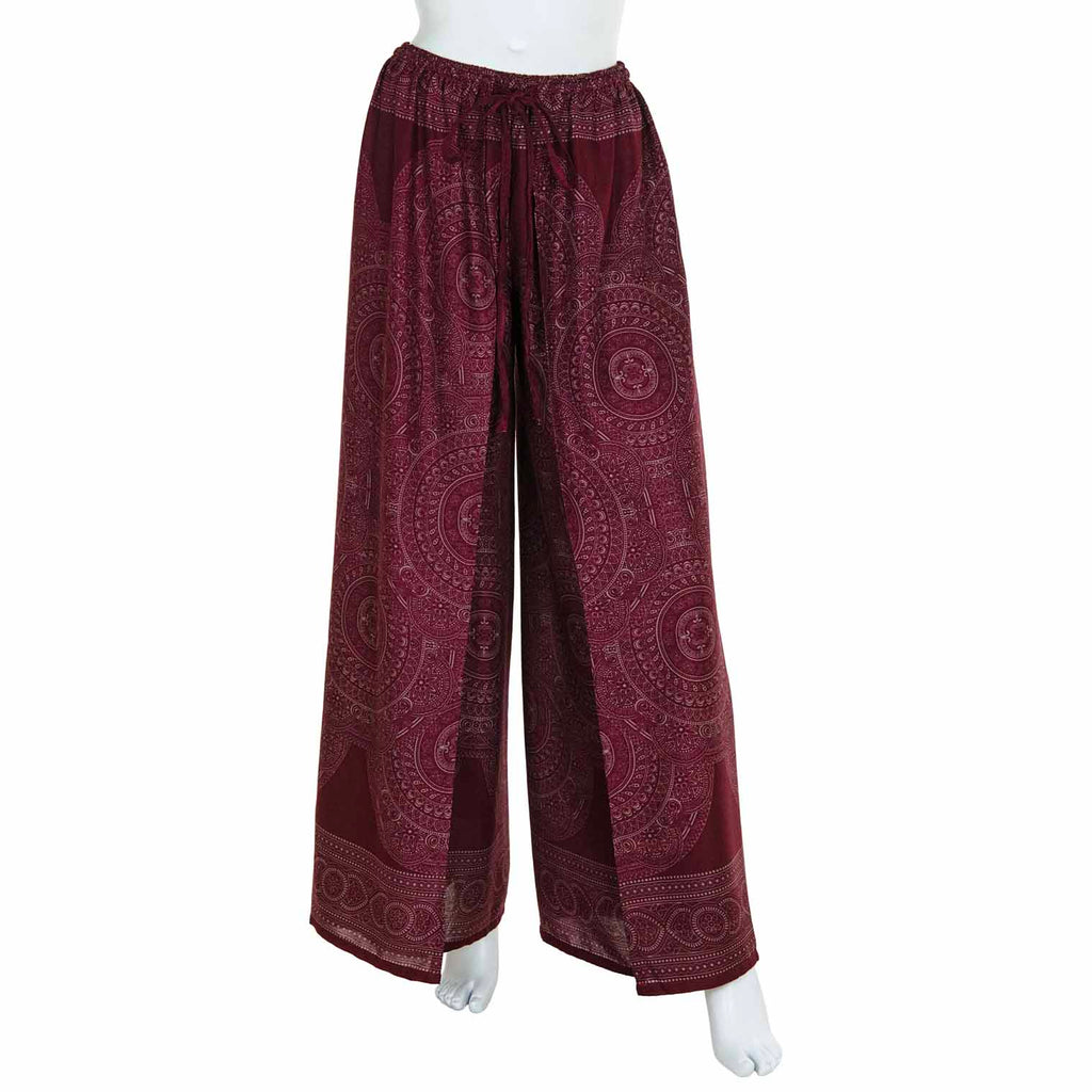 Faux Wrap Wide Leg Trousers - Maroon Orb Mandala-Trousers-Siesta Crafts