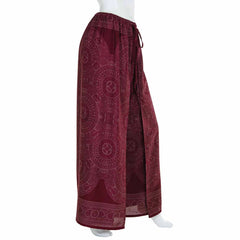 Faux Wrap Wide Leg Trousers - Maroon Orb Mandala-Trousers-Siesta Crafts