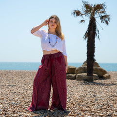 Faux Wrap Wide Leg Trousers - Maroon Orb Mandala-Trousers-Siesta Crafts